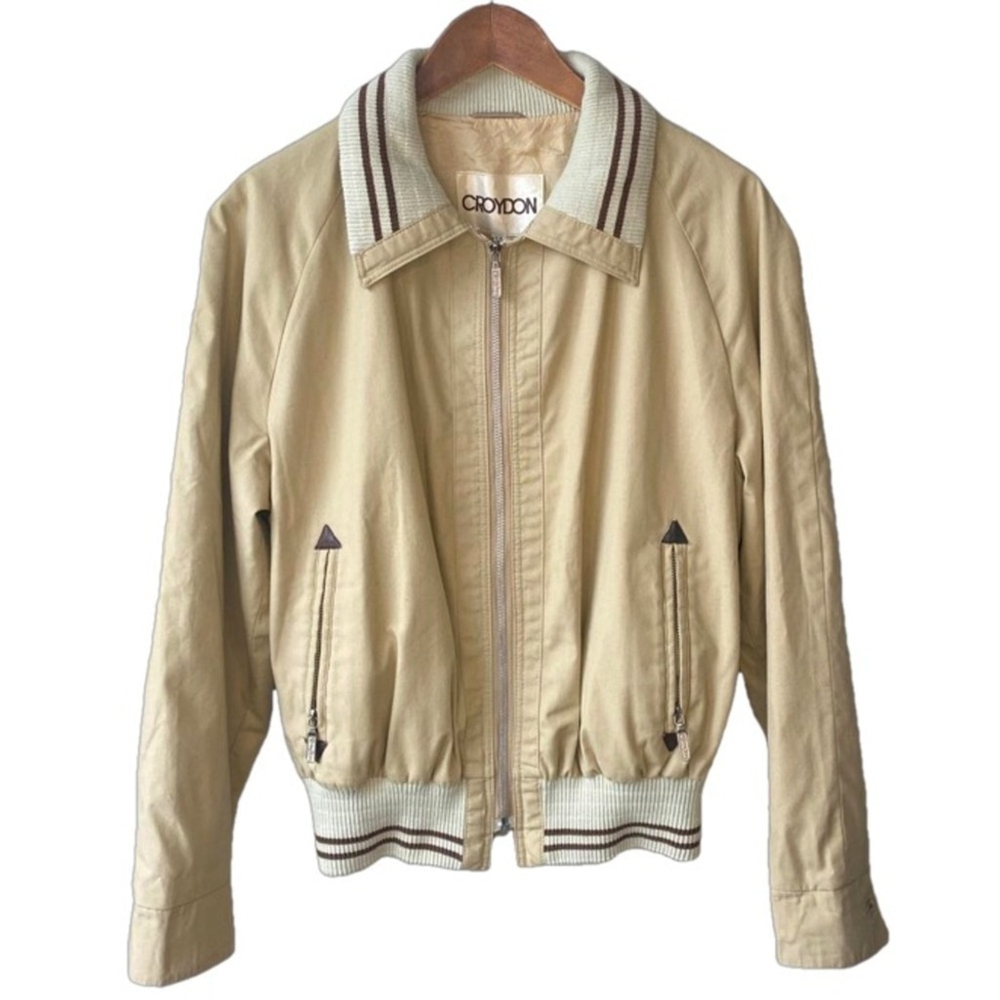 Rare Vintage Tan Bomber Jacket with Striped Ribbed Details